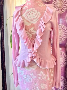 Sugar Thrills Ruffle Coquette Whimsy Cardigan Sweater Womens XL Knit Pink Button